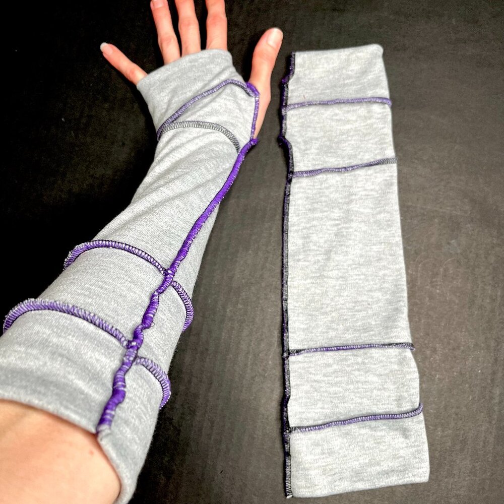 Gray Elbow Length Fingerless Gloves Purple Arm Warmers Thumb Holes Socks Texting